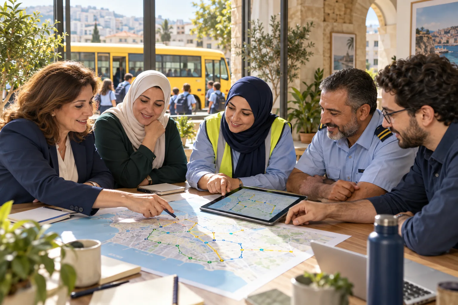 A diverse Waynkon community team collaboratively reviews school transportation routes