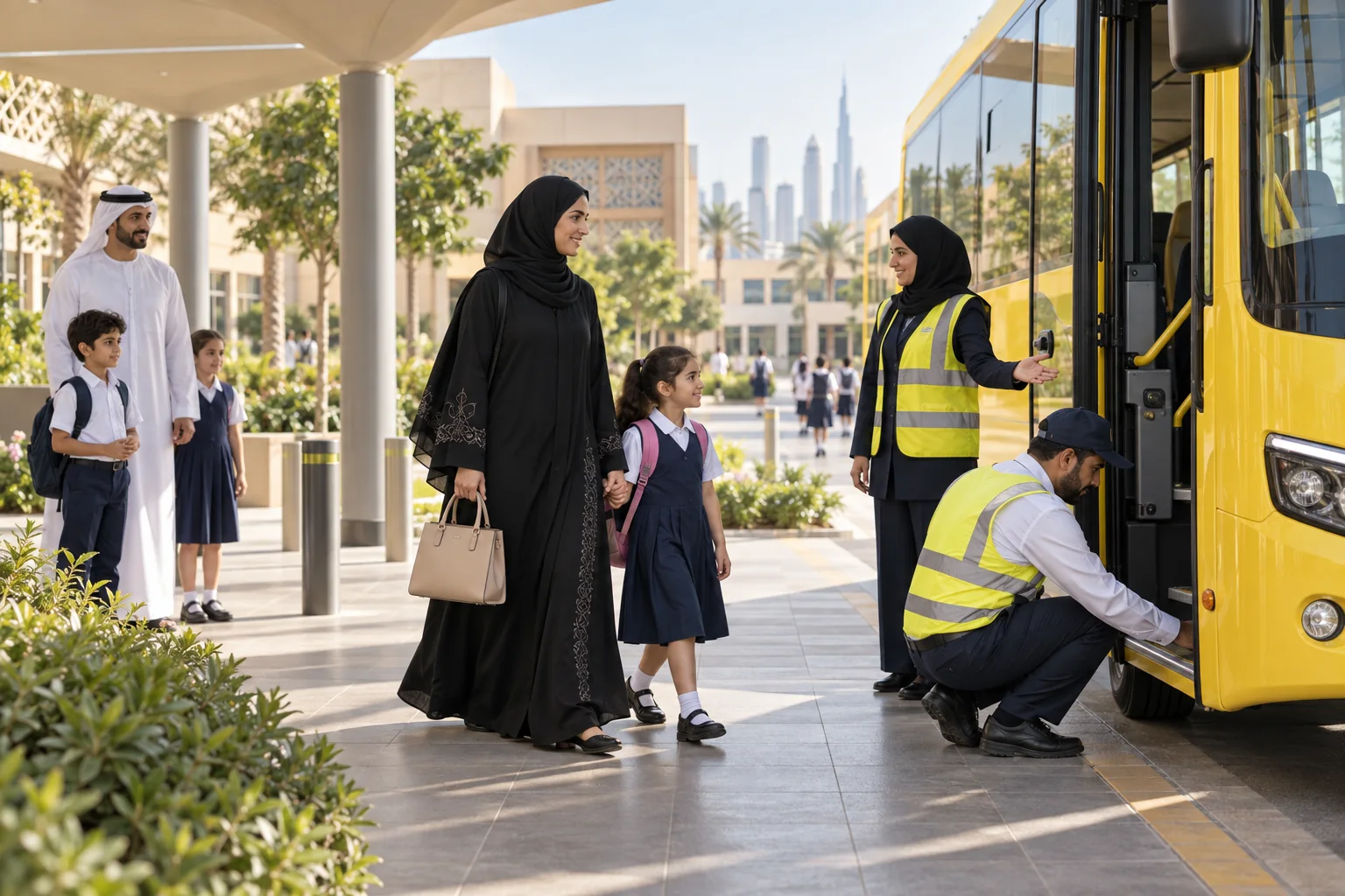 A family and school transport team prepare for safe boarding