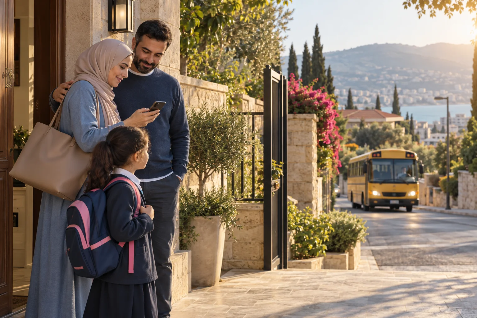A hijabi mother and father prepare their daughter as the school bus approaches