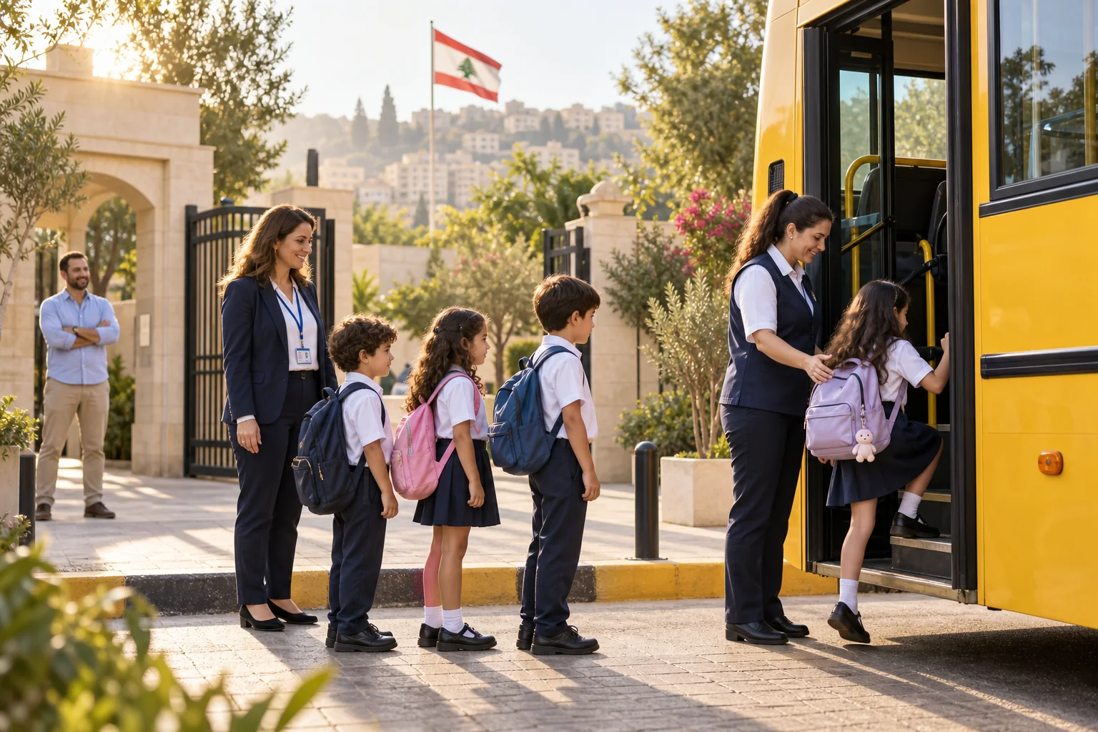 Children board a school bus safely under adult supervision