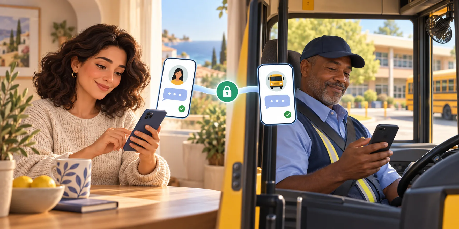 A parent and parked bus driver exchange a private operational message