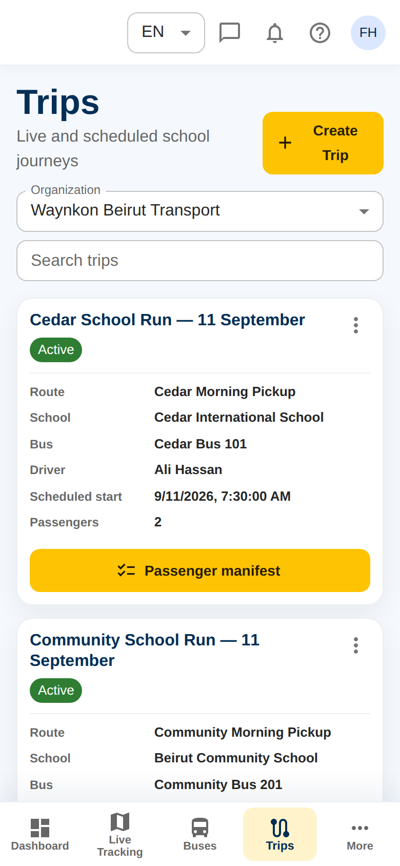 Waynkon mobile trips screen