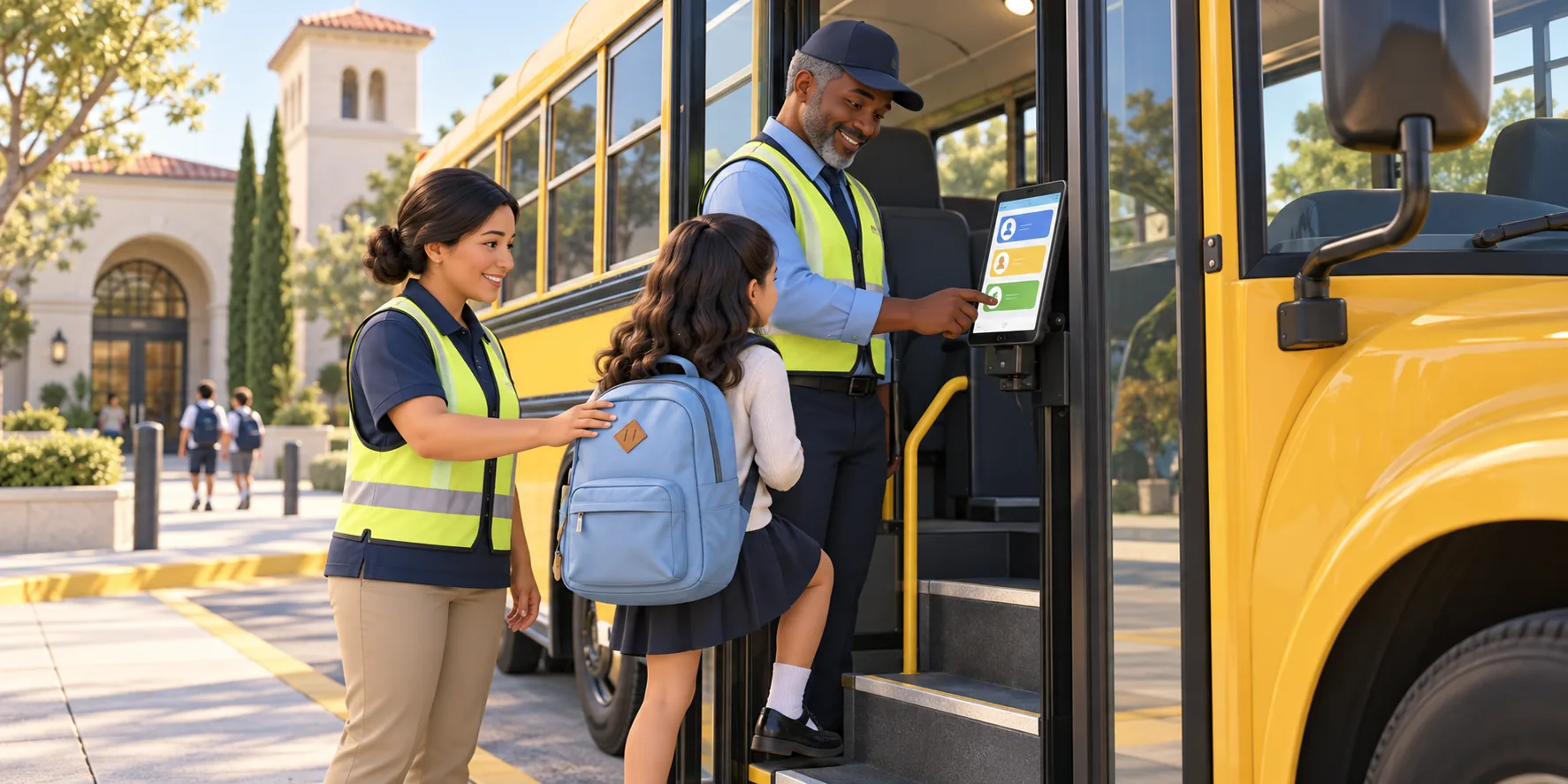 A supervised student boards a school bus safely